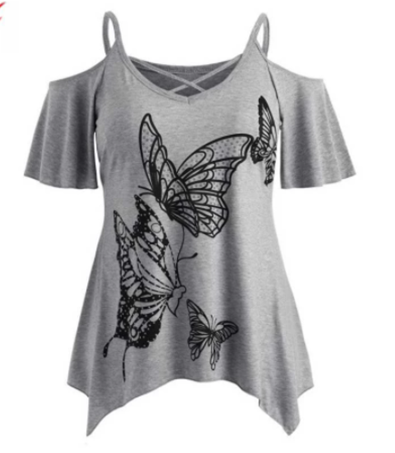 Title 6, Sexy Front Cross Butterfly Print T-shirt Off Sh...