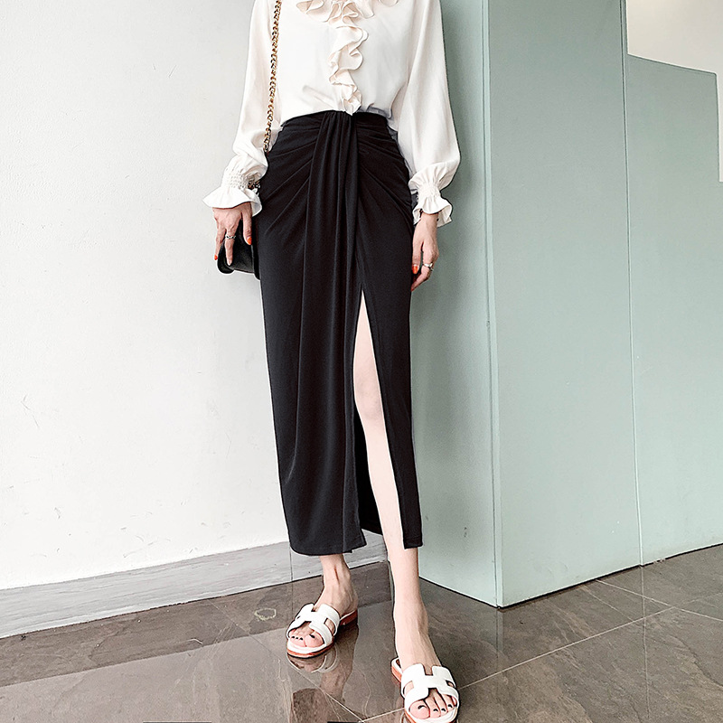 Pleated Drape Split Thin Black Women's High Waisted Skirt