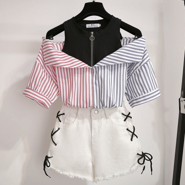 Korean Style One Shoulder Embroidered Shirt Two Piece Off Shoulder Shirt Suit