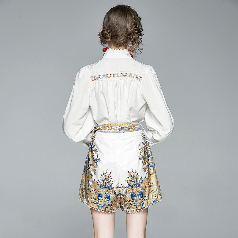 Two Pieces Set Chic Women's Suit White Blouse Tops And Printed High Waist Shorts Female Office Suit Fashion 2 Piece Set Clothing