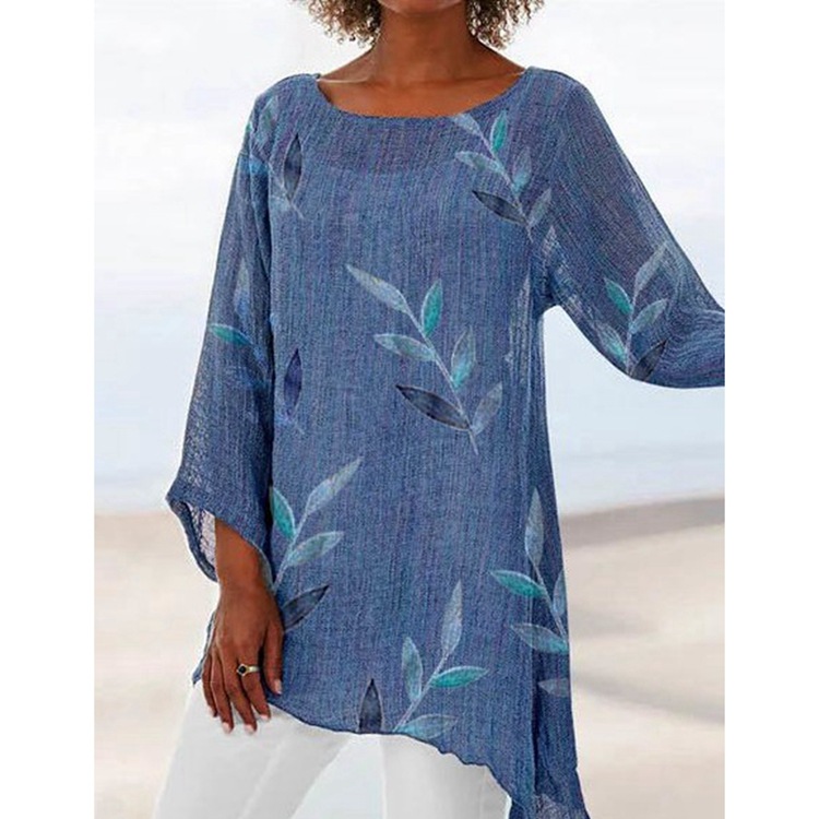 New Cotton And Linen Top Round Neck Leaf Print T Shirt