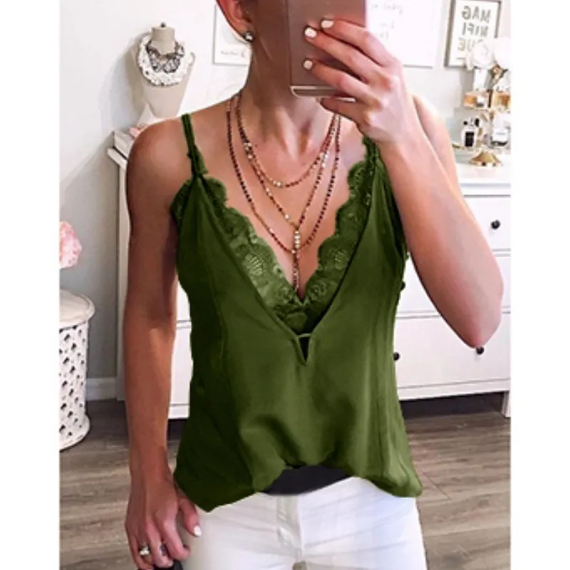 V-Neck Chest Mesh Halter Camisole Summer - Army Green