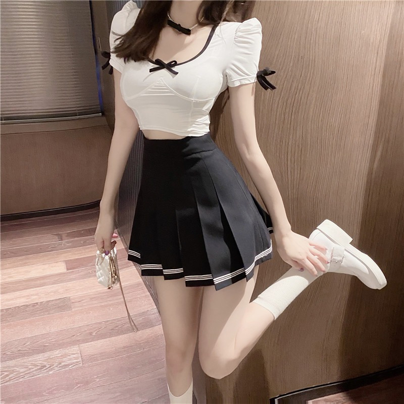 French Academy High Waist Red Sweet Short Sleeve