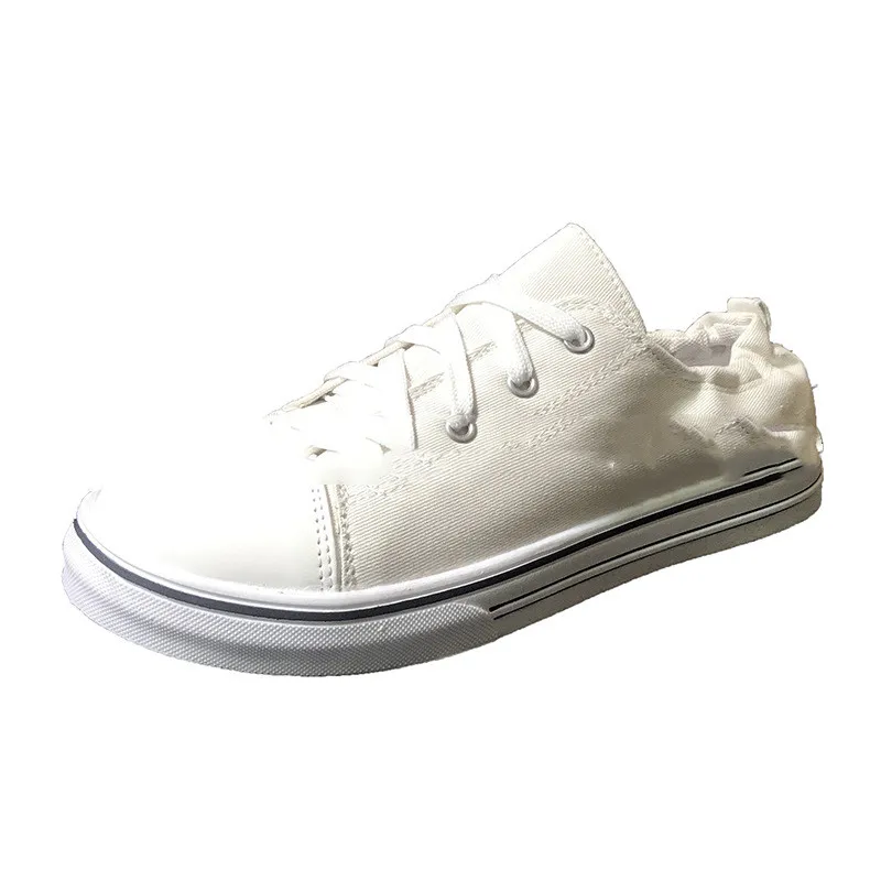 Shallow Mouth Flat Heel Sneakers Sneakers Lace Up Platform Wrinkle Heel Canvas Shoes - White