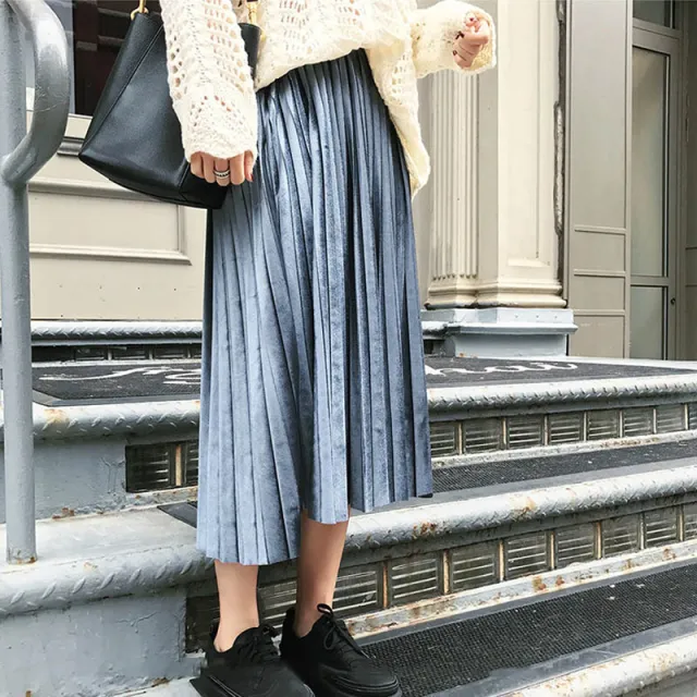 New Style Velvet Pleated Half Length Skirt Metallic Velvet Mid Length Skirt Women Blue - Shop at LoveMi