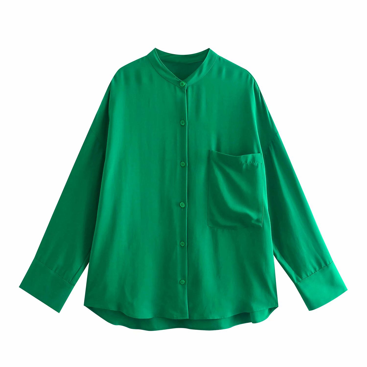 Women'S European And American Style Small Stand-Up Collar Long-Sleeved Cardigan Chest Pocket Drape Shirt Women
