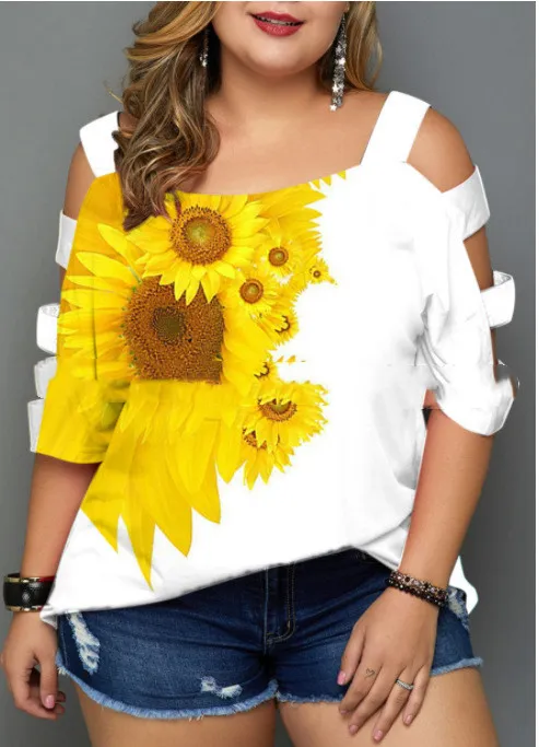 Oversized Printed Trapezoid Cutout Off The Shoulder Top 1 Style - Shop at LoveMi