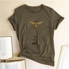 Bee Print Short Sleeve T-Shirt Top Women's Short Sleeve - Army Green - View 1