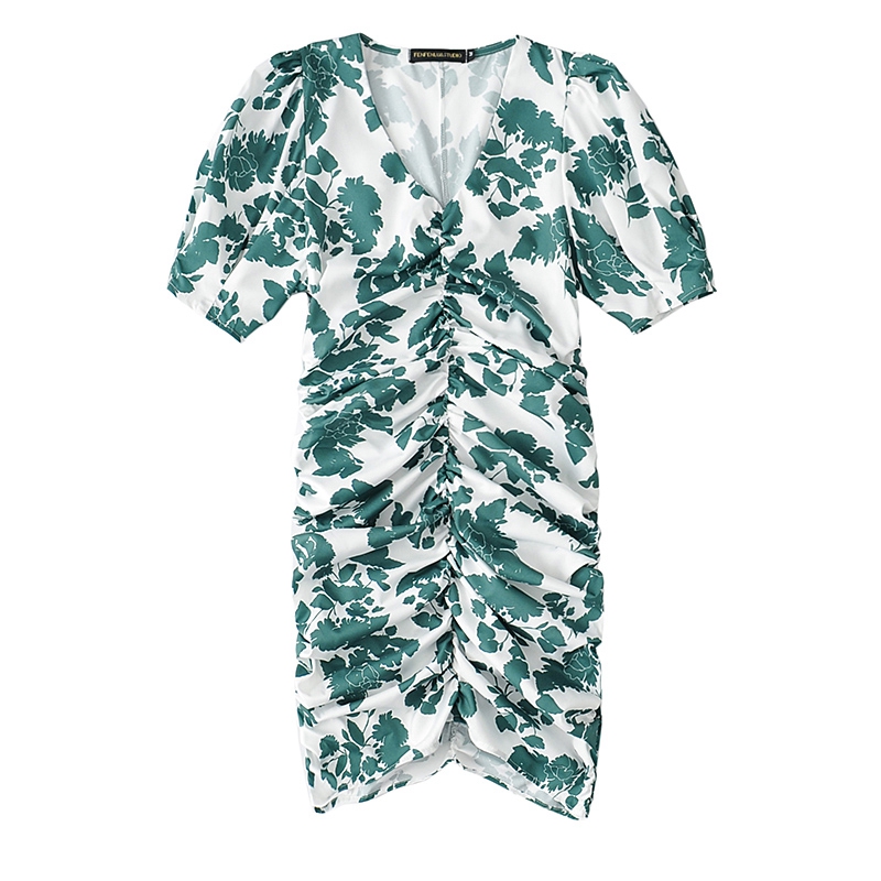 Fashion V-neck Puff Sleeve Pleated Casual Dress