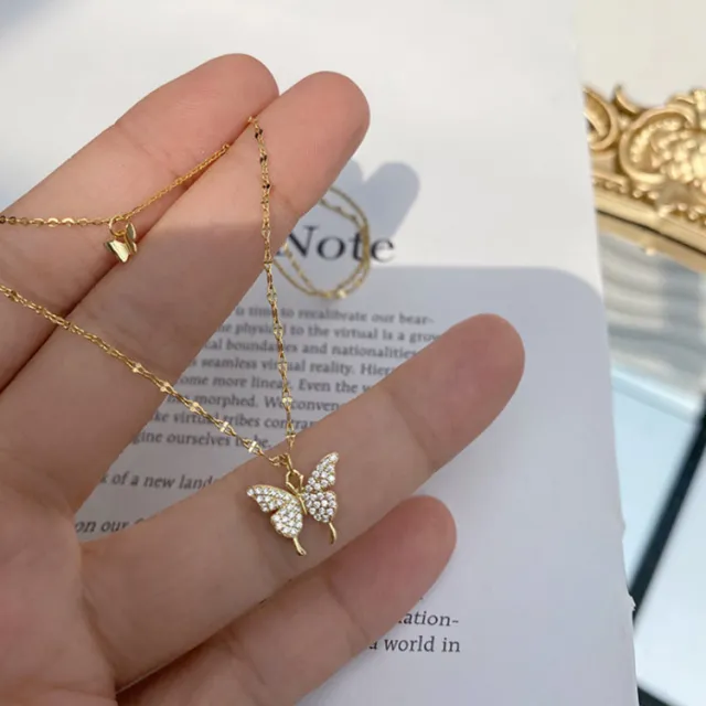 Fashion Jewelry Elegant Silver Color Shiny Butterfly Necklaces Ladies Exquisite Double Layer Clavicle Chain Necklace Jewelry Gift Gold - Shop at LoveMi