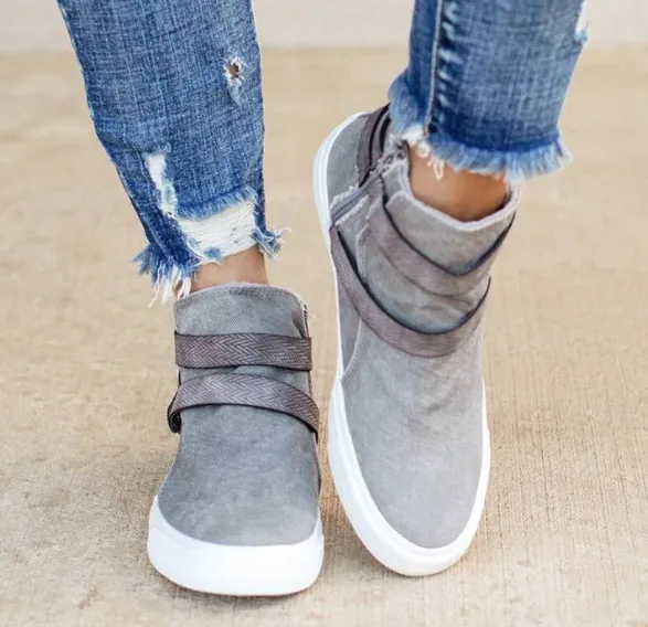 British casual flat shoes mid cut canvas shoes Grey - Shop at LoveMi