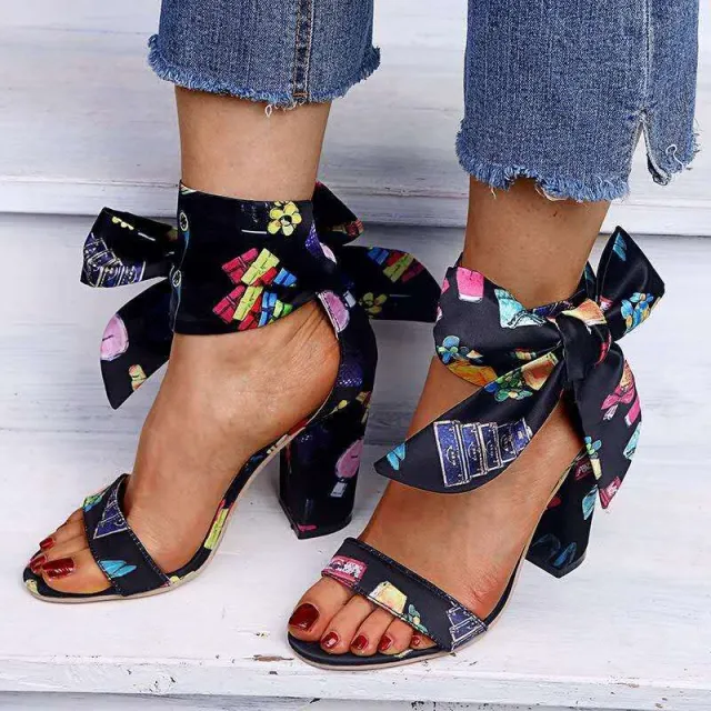 Ribbon Anklet Straps Bow Shoes Chunky Heel Black - Shop at LoveMi
