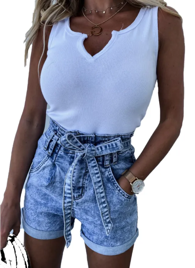 Snowflake High Waist Lace Up Denim Shorts Blue - Shop at LoveMi