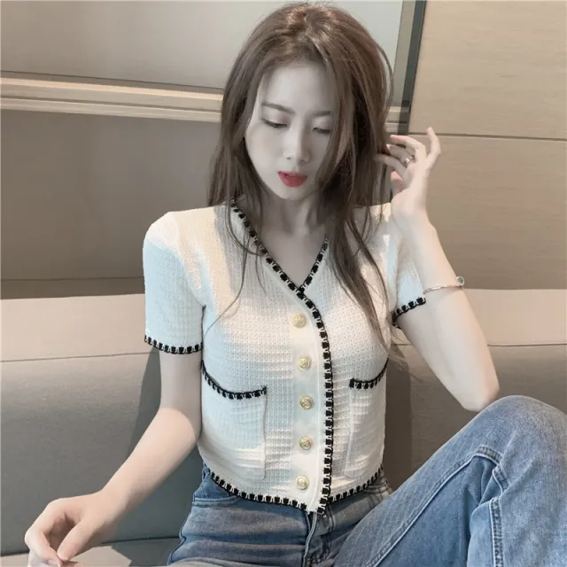 Contrasting Color Thin Bottoming Shirt Temperament Gentle Cardigan V Neck Heavy Knit Short Sleeves White - Shop at LoveMi