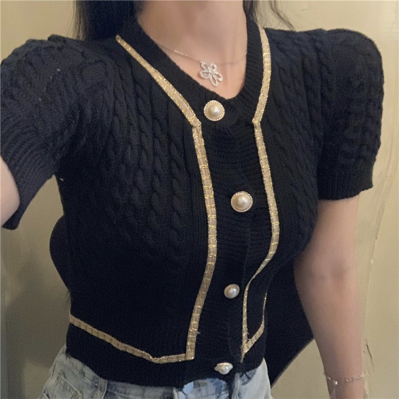 Beaded Bright Silk Knit Small Cardigan Short-sleeved Top