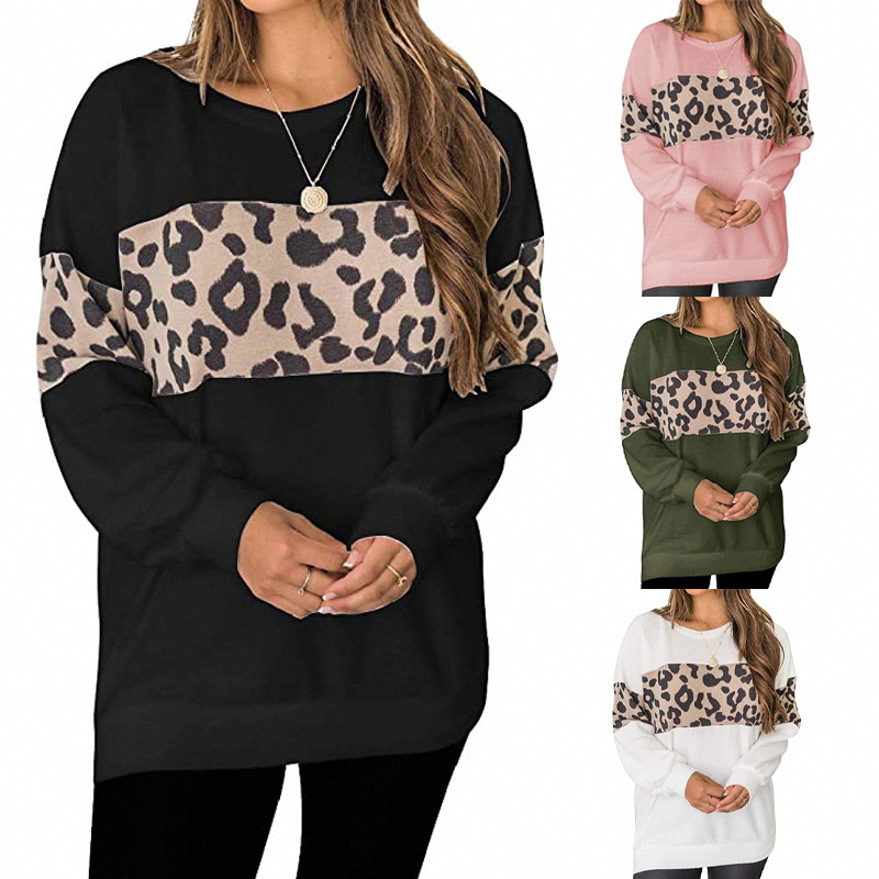 Women's Long-Sleeved Leopard Print Stitching Sweater T-Shirt