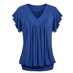 Women's Short Sleeve V-Neck Ruched T-Shirt - Blue - View 1
