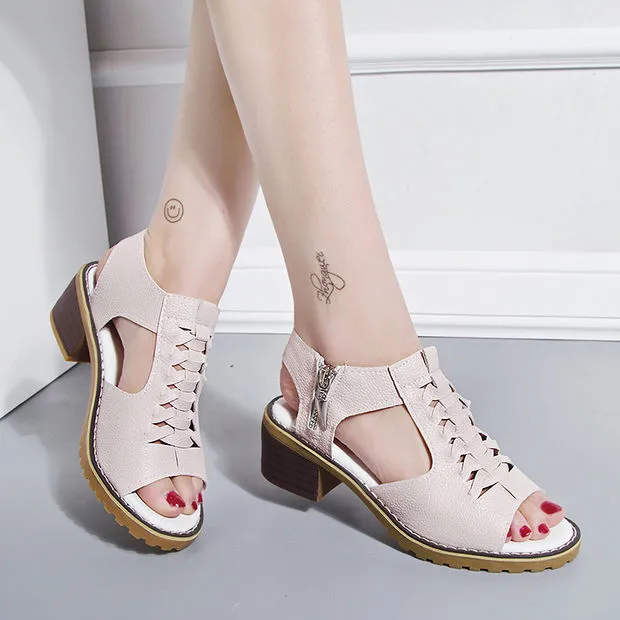 Summer New Mid Heel Sandals Female Fashion Fish Mouth Zipper Thick Heel Sandals Beige - Shop at LoveMi