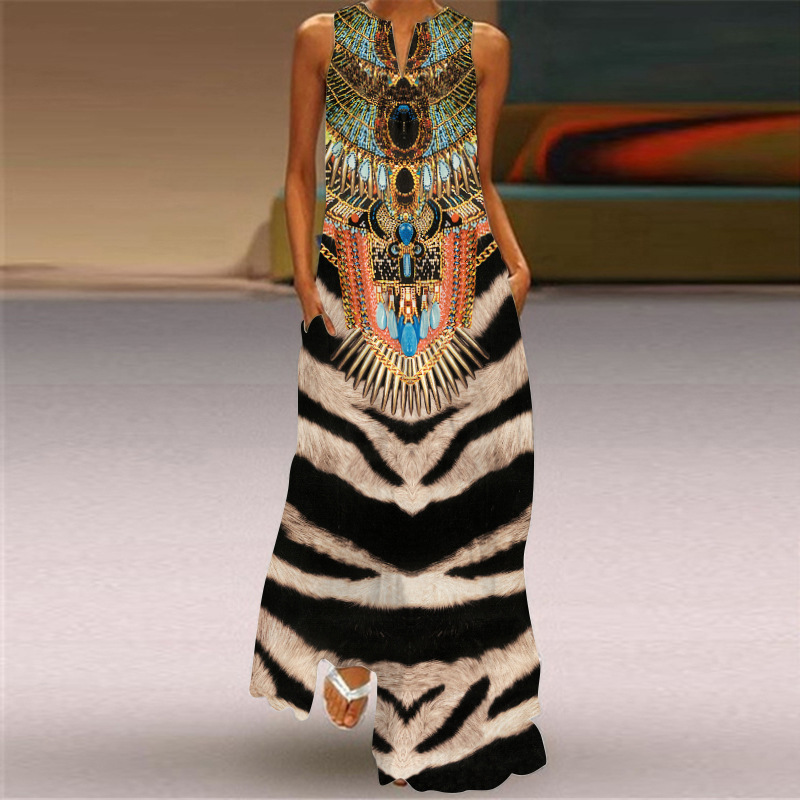 Digital Printed V-Neck Sleeveless Long Dress With Pockets European And American Dress