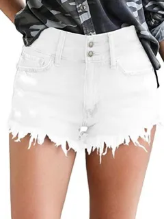 Sexy Shorts With Ripped Tassels And Ankle Buckles - White - View 1