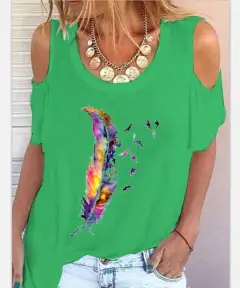 Fashion Women's Short Sleeve T-Shirt Feather Print Top - Green - View 1
