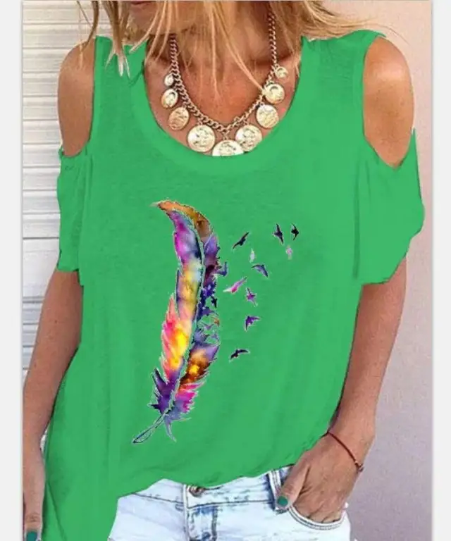 Fashion Women's Short Sleeve T Shirt Feather Print Top Green - Shop at LoveMi
