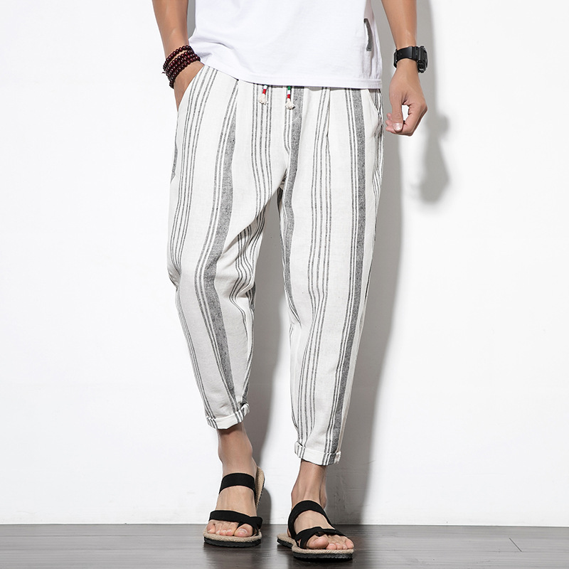 Title 6, Herren Leinen Cropped Hose mit Streifen Sommerl...