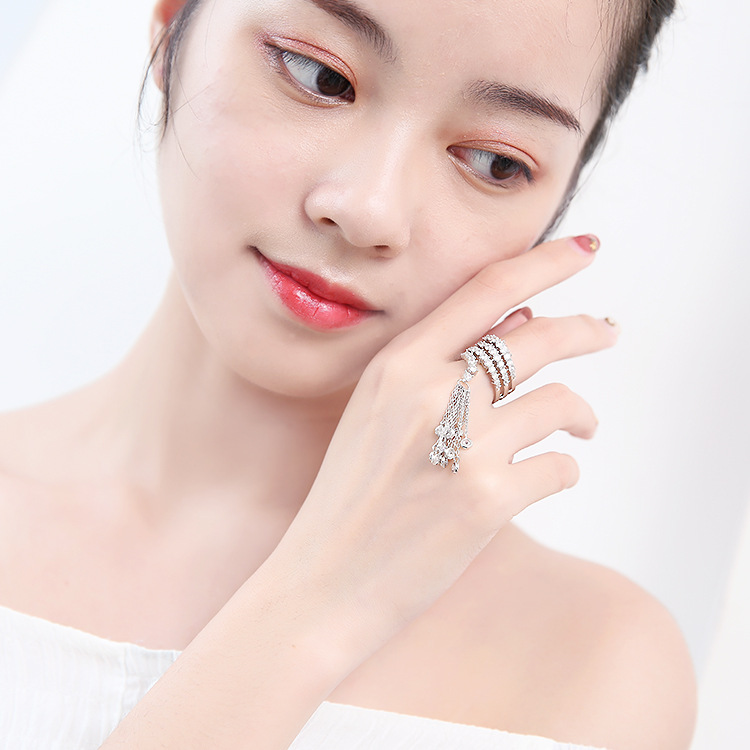 Platinum-Plated Tassel Ring Creative Style Zircon Ladies Ring Adjustable