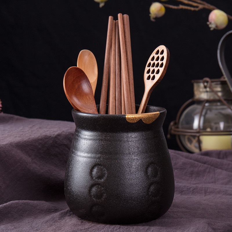 حامل أعواد تناول الطعام السيراميكي بأسلوب ياباني، سلة منزلية للمطبخ لحفظ الأعواد، قفص دائري لتصريف الأعواد والملعقة، رف تخزين دائري للأعواد والملعقة