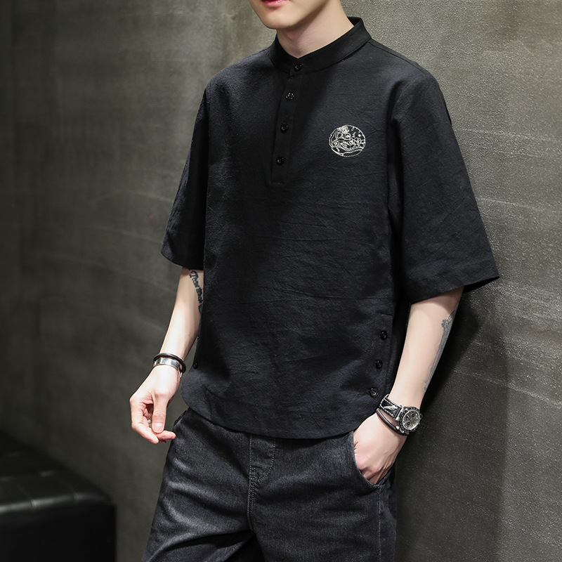 Linen Solid Color Casual Embroidered Short-Sleeved T-shirt — image 1