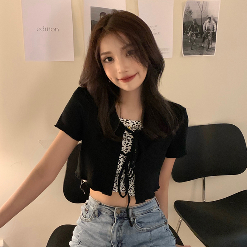 Black Short-Sleeved Sweater Women's Summer Thin Lace Small Cardigan Jacket New Design Short Top