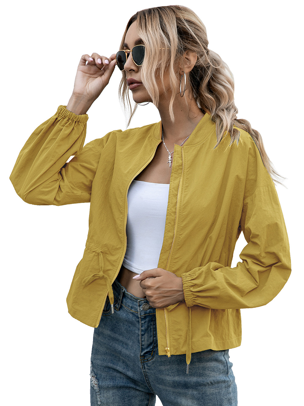 Pure Color Windproof Zipper Casual Short Jacket