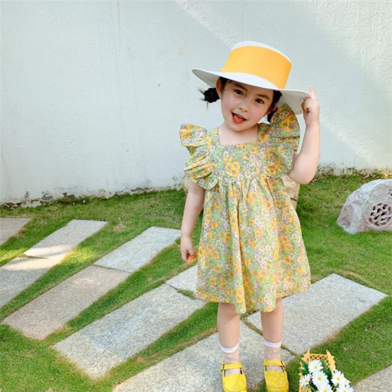 Children's Korean Style Pastoral Dress Summer Girls Floral Flying Sleeves