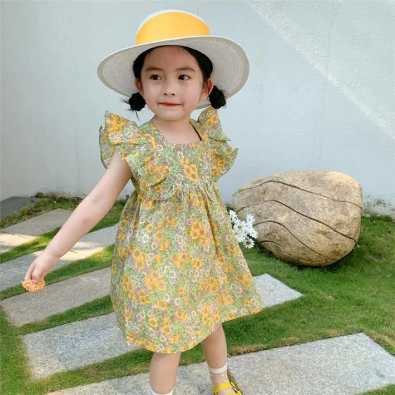 Children's Korean Style Pastoral Dress Summer Girls Floral Flying Sleeves