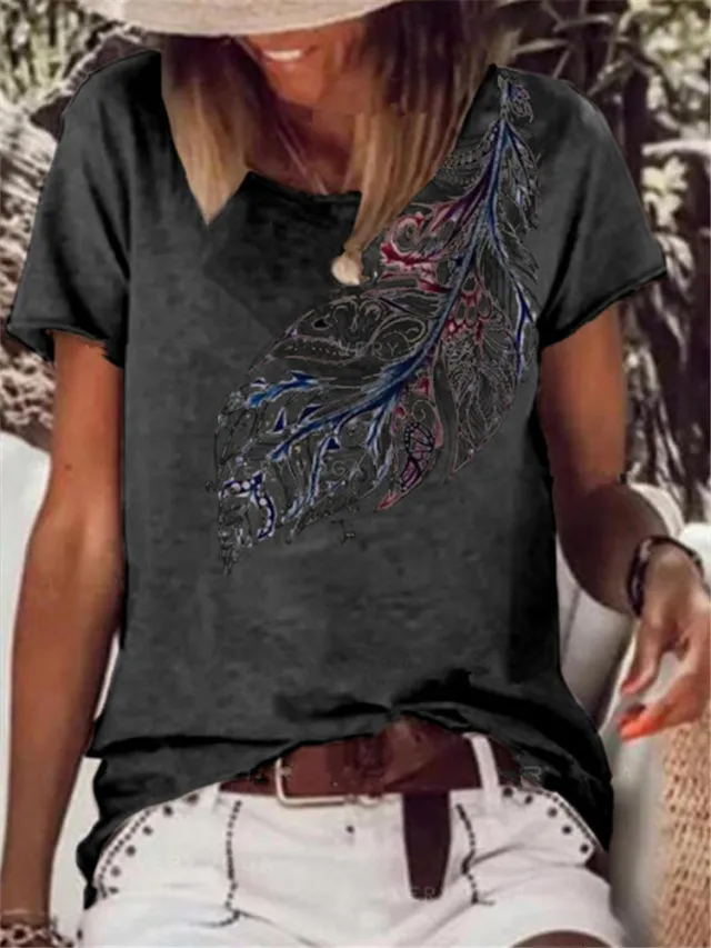 Short Sleeve Round Neck Leaf Print T shirt Black - Shop at LoveMi