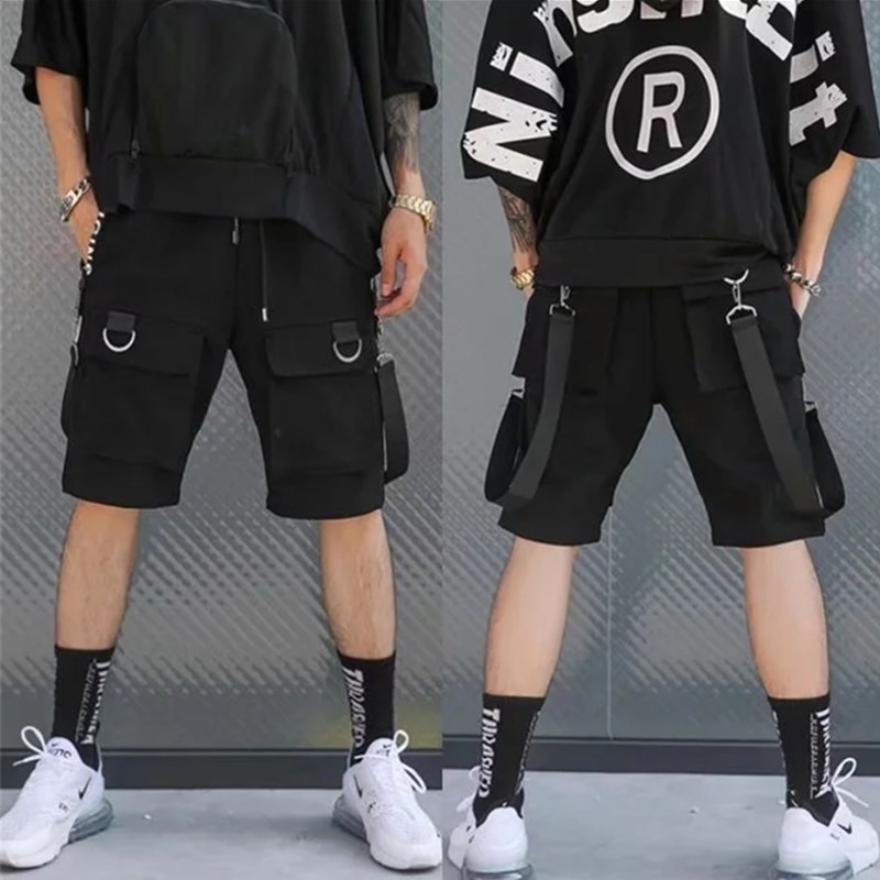 Dark Black Shorts Men'S Summer Loose Trend Function Wind Streamer Five-Point Overalls