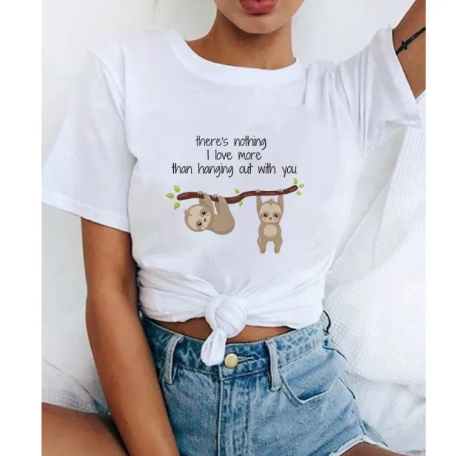 Sloth Short sleeved Cute Animal Print Loose T shirt B - Shop at LoveMi