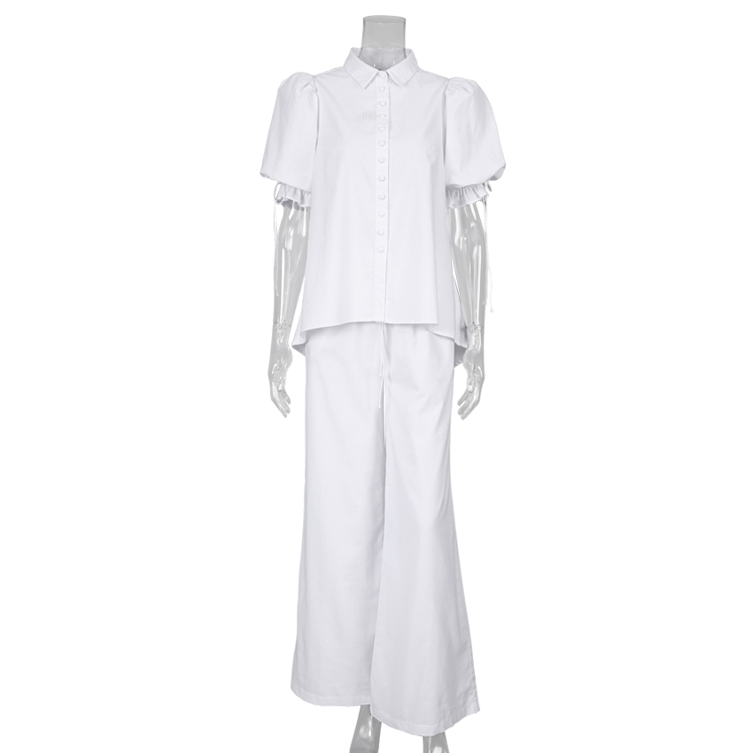 Loose Ladies Top Puff Sleeve Lace Cotton Linen White Shirt
