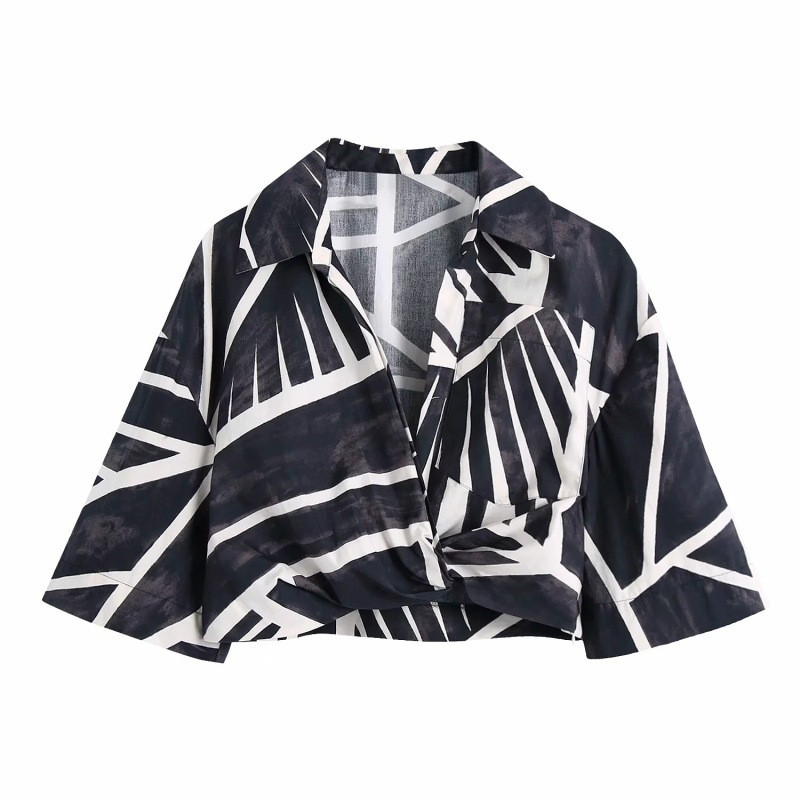 Striped Print Cropped Top Lazy Style Small Shirt Set