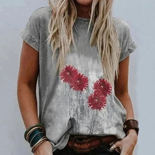 Landscape Print Round Neck Short Sleeve Ladies Casual Grey - Shop at LoveMi