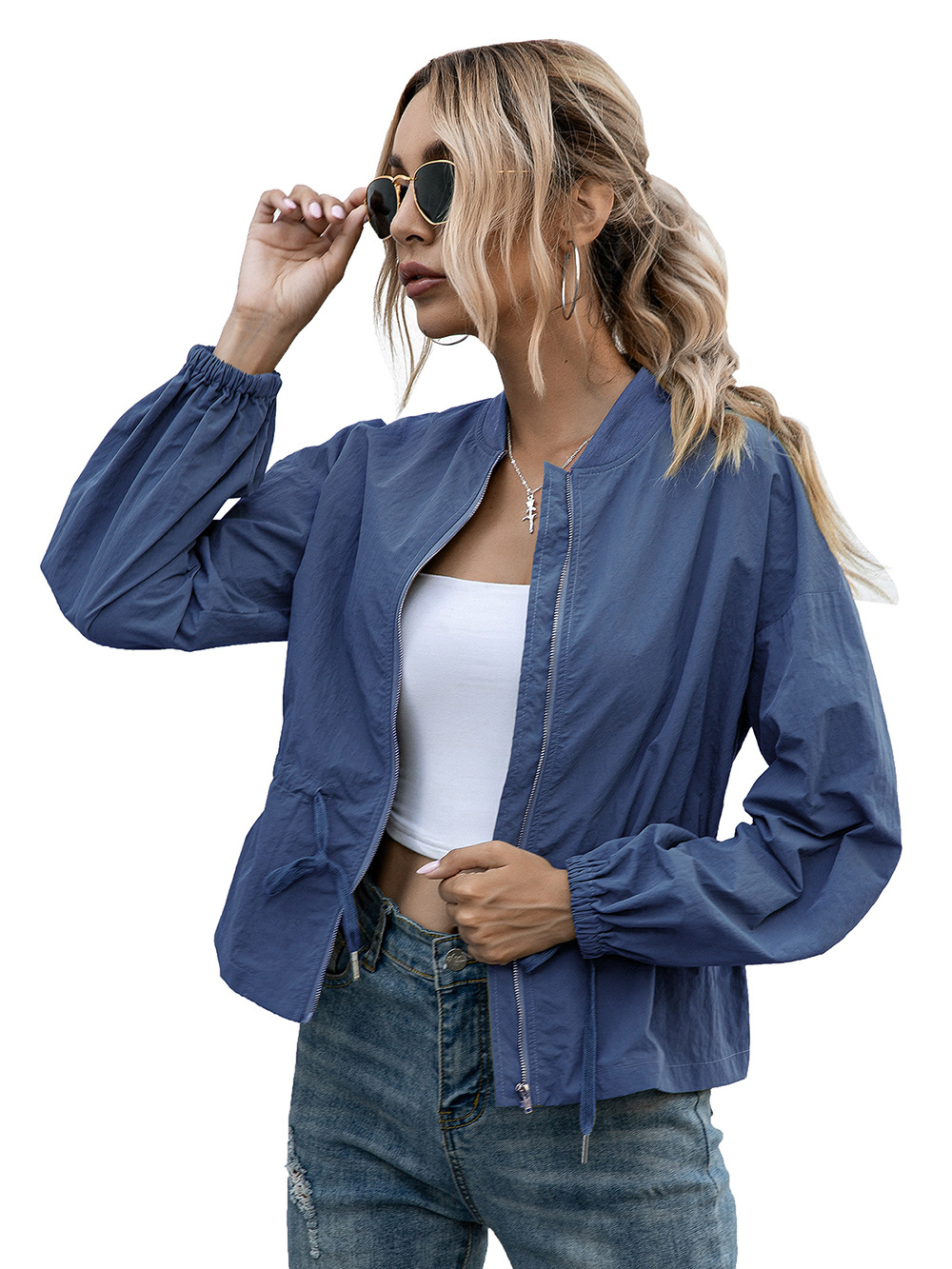 Slim-fit Collarless Solid Color Zipper Short Coat