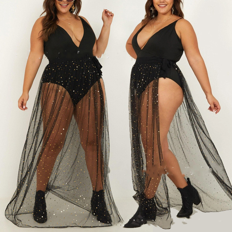 European And American Plus Size Sequined Mesh Skirt Side Slit Lace-Up Skirt