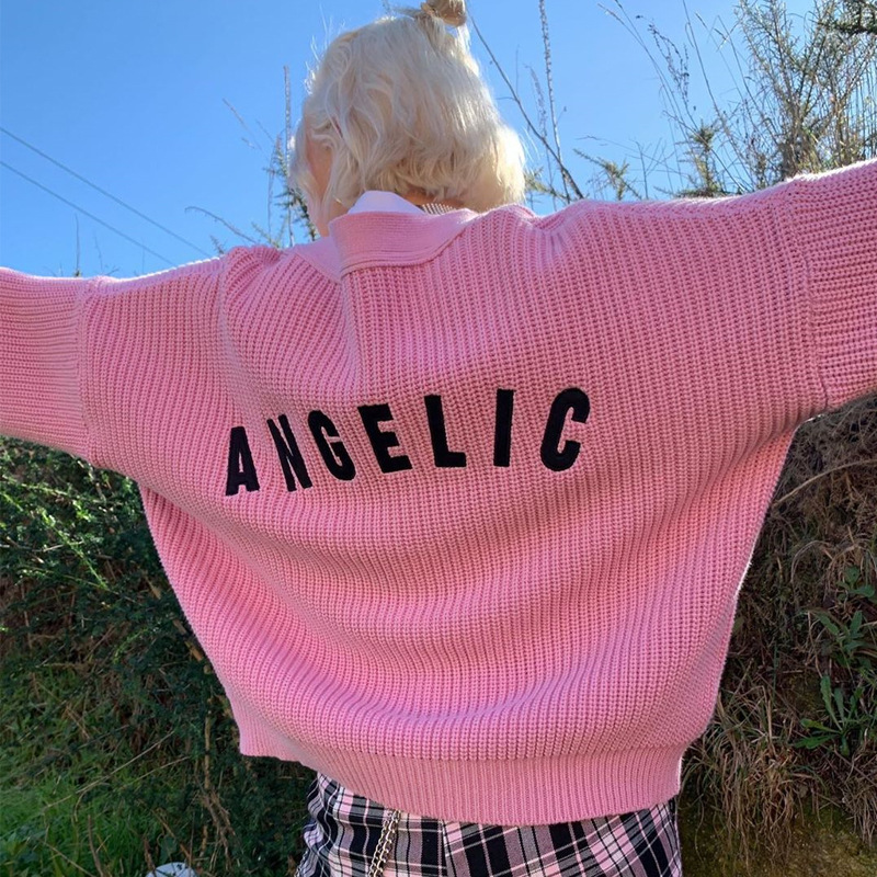 Title 4, Angel Embroidery Loose Knit Sweater Coat Button...