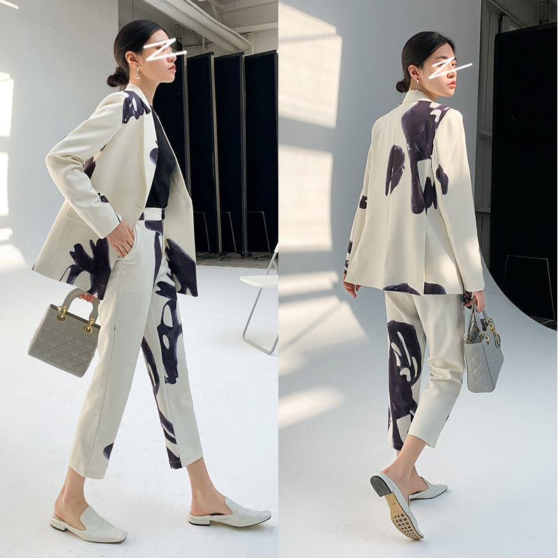 Casual Temperament Loose Retro Printed Two-Piece Suit