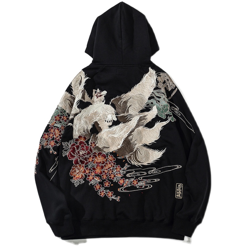 Japanese Yokosuka Hefushi Embroidered Nine Tailed Fox Sweater With Velvet New Winter Hooded Sweater