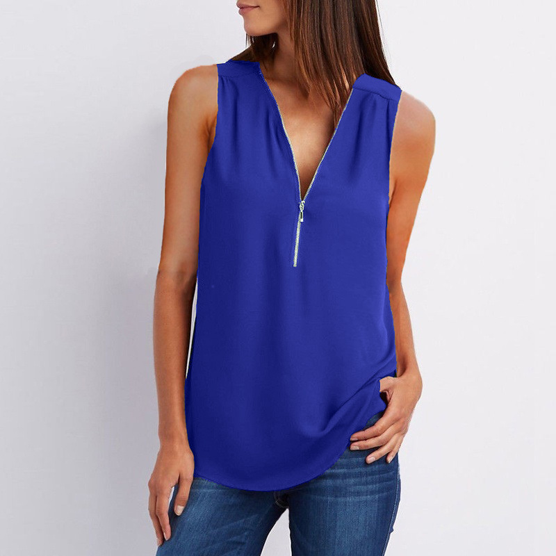 V-Neck Zipper Sleeveless Loose Chiffon Shirt And Vest