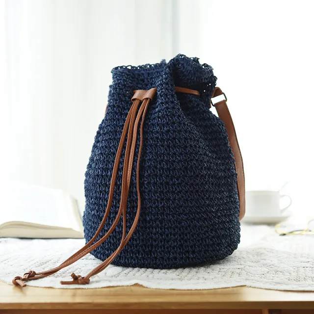 Ethnic Style Drawstring Woven Straw Bag Blue - Shop at LoveMi