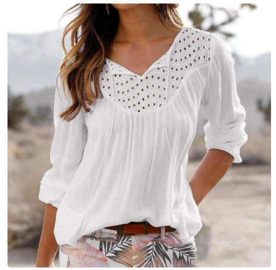 European And American Ladies Water-Soluble Flower Splicing Fringe V-Neck Long Sleeve Blouse