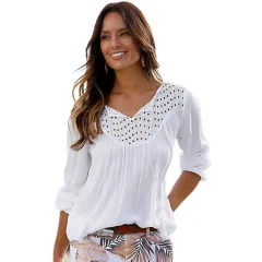 European And American Ladies Water-Soluble Flower Splicing Fringe V-Neck Long Sleeve Blouse - White - View 1