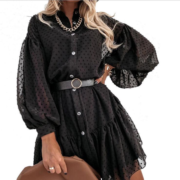 European And American Autumn And Winter New Style Black Puff Sleeve Shirt Dress